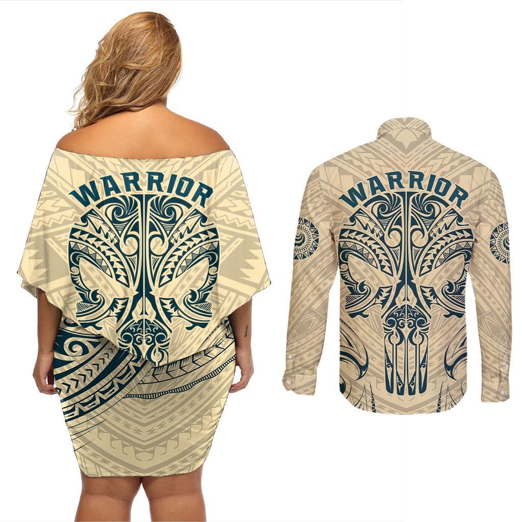 Polynesian Couples Matching Off Shoulder Short Dress and Long Sleeve Button Shirts Warrior Skull with Tribal Patterns Tattoo Design TS04 - Polynesian Pride