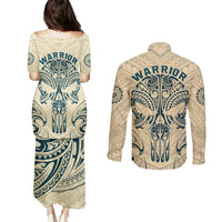 Polynesian Couples Matching Puletasi Dress and Long Sleeve Button Shirts Warrior Skull with Tribal Patterns Tattoo Design TS04 - Polynesian Pride