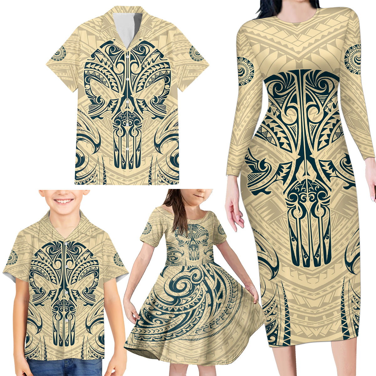 Polynesian Family Matching Long Sleeve Bodycon Dress and Hawaiian Shirt Warrior Skull with Tribal Patterns Tattoo Design TS04 - Polynesian Pride