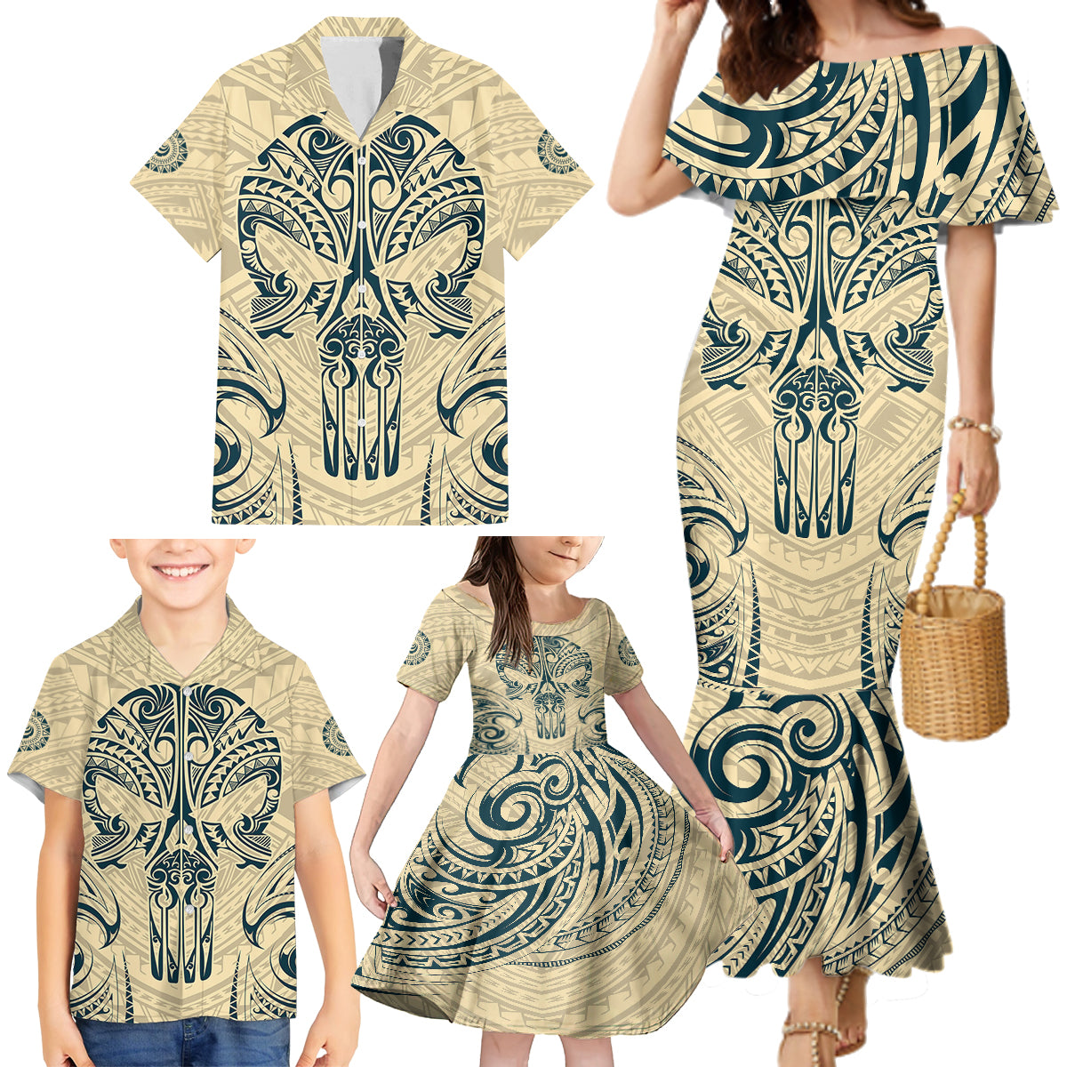 Polynesian Family Matching Mermaid Dress and Hawaiian Shirt Warrior Skull with Tribal Patterns Tattoo Design TS04 - Polynesian Pride