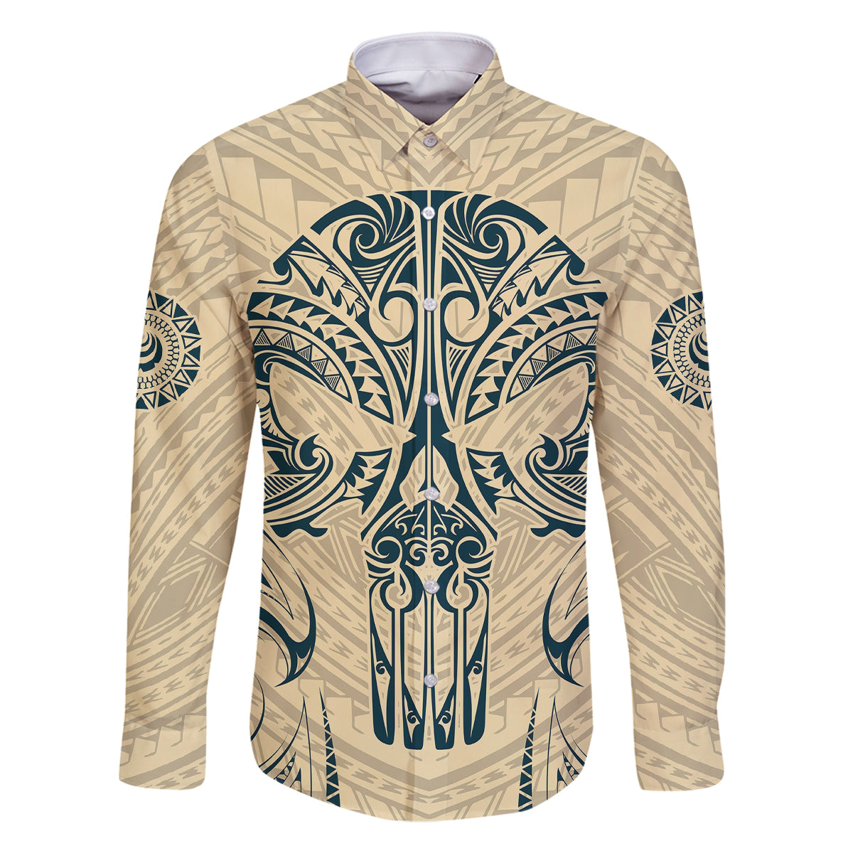 Polynesian Family Matching Mermaid Dress and Hawaiian Shirt Warrior Skull with Tribal Patterns Tattoo Design TS04 Dad's Shirt - Long Sleeve Yellow - Polynesian Pride