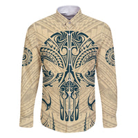 Polynesian Family Matching Off Shoulder Maxi Dress and Hawaiian Shirt Warrior Skull with Tribal Patterns Tattoo Design TS04 Dad's Shirt - Long Sleeve Yellow - Polynesian Pride
