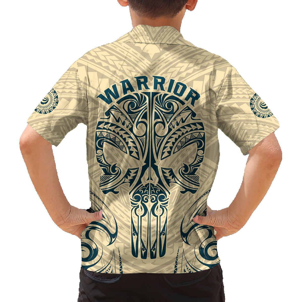 Polynesian Family Matching Off Shoulder Short Dress and Hawaiian Shirt Warrior Skull with Tribal Patterns Tattoo Design TS04 - Polynesian Pride