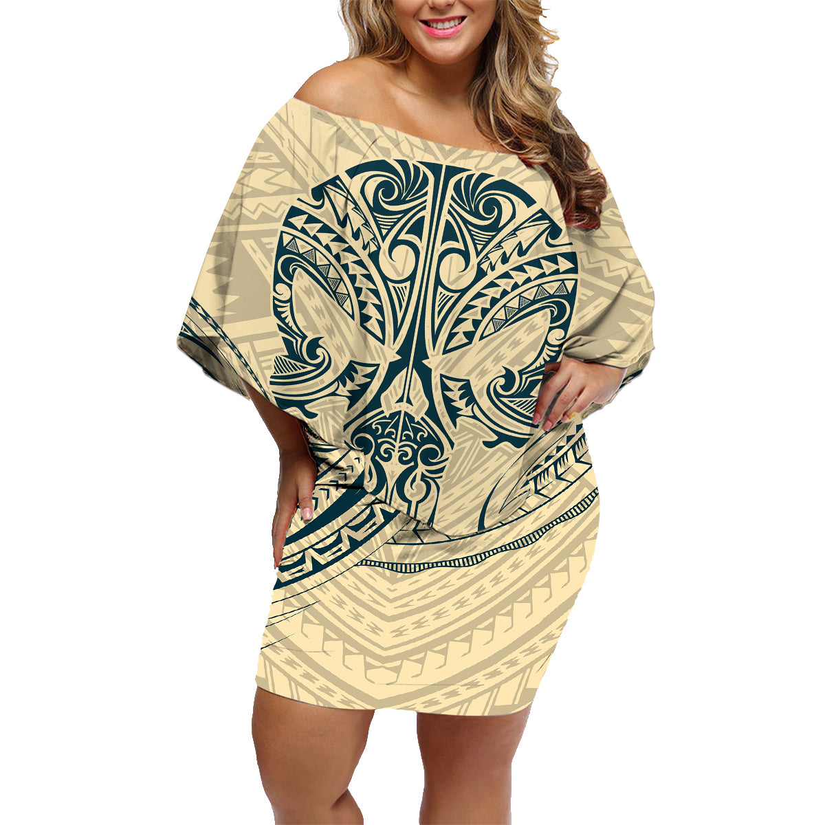 Polynesian Family Matching Off Shoulder Short Dress and Hawaiian Shirt Warrior Skull with Tribal Patterns Tattoo Design TS04 Mom's Dress Yellow - Polynesian Pride