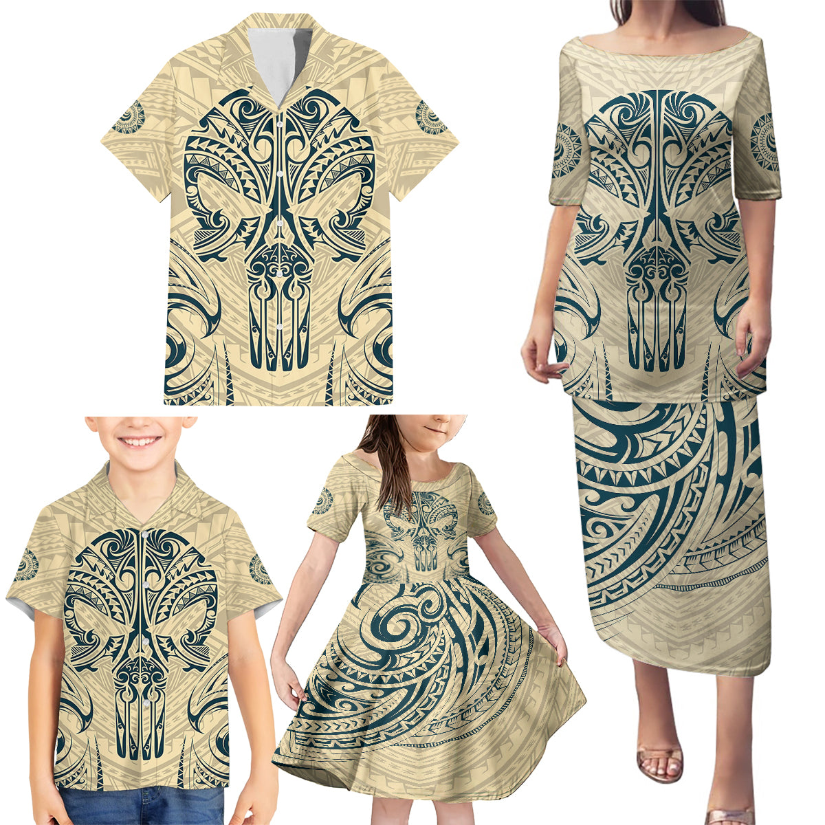 Polynesian Family Matching Puletasi Dress and Hawaiian Shirt Warrior Skull with Tribal Patterns Tattoo Design TS04 - Polynesian Pride