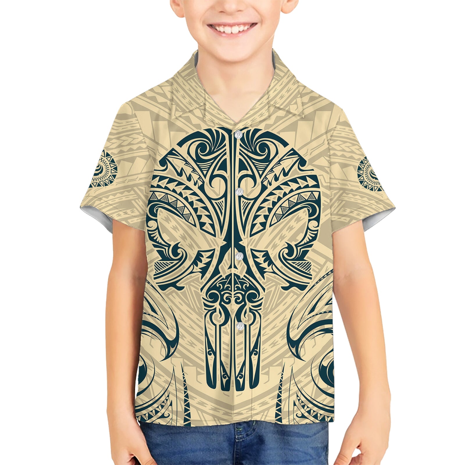 Polynesian Kid Hawaiian Shirt Warrior Skull with Tribal Patterns Tattoo Design TS04 Kid Yellow - Polynesian Pride