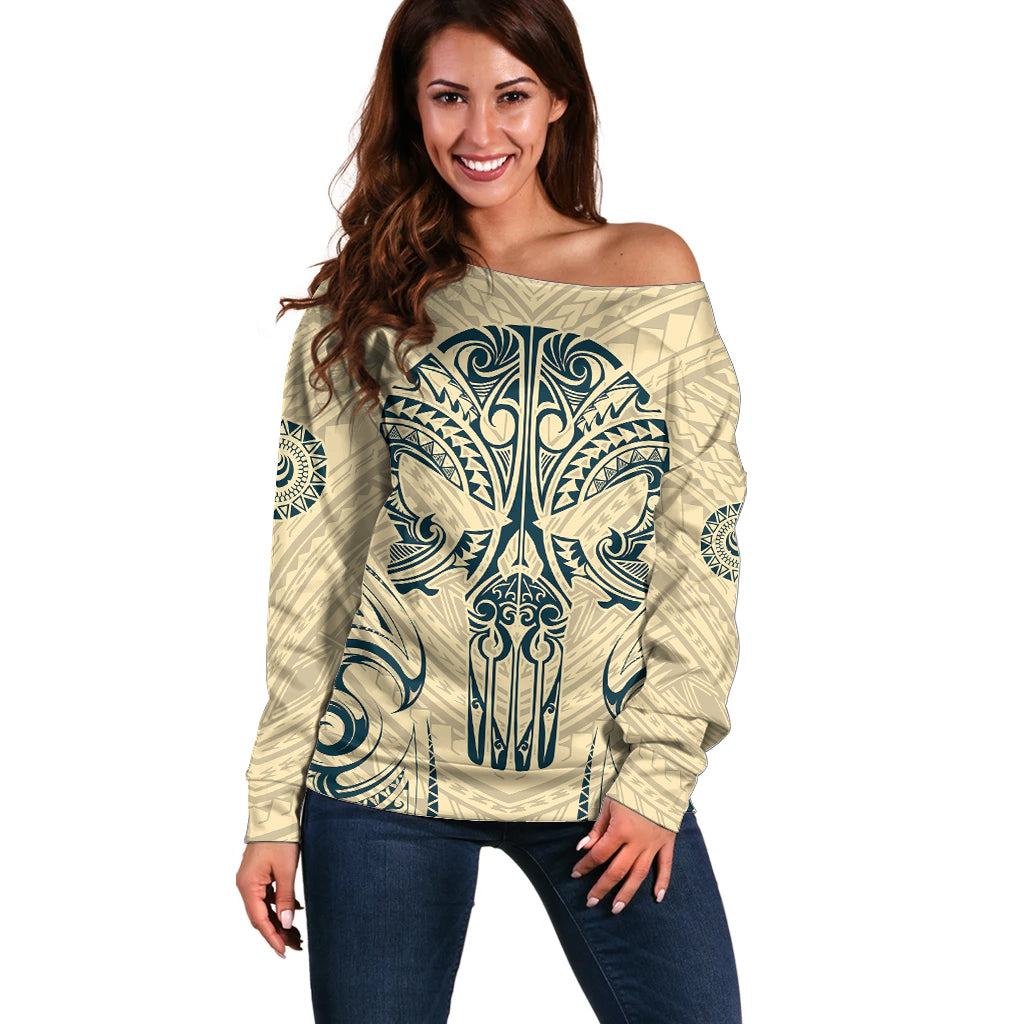 Polynesian Off Shoulder Sweater Warrior Skull with Tribal Patterns Tattoo Design TS04 Women Yellow - Polynesian Pride