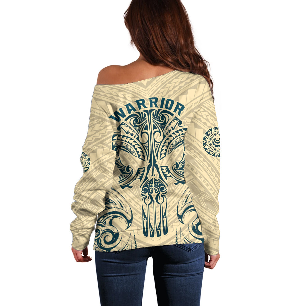 Polynesian Off Shoulder Sweater Warrior Skull with Tribal Patterns Tattoo Design TS04 - Polynesian Pride