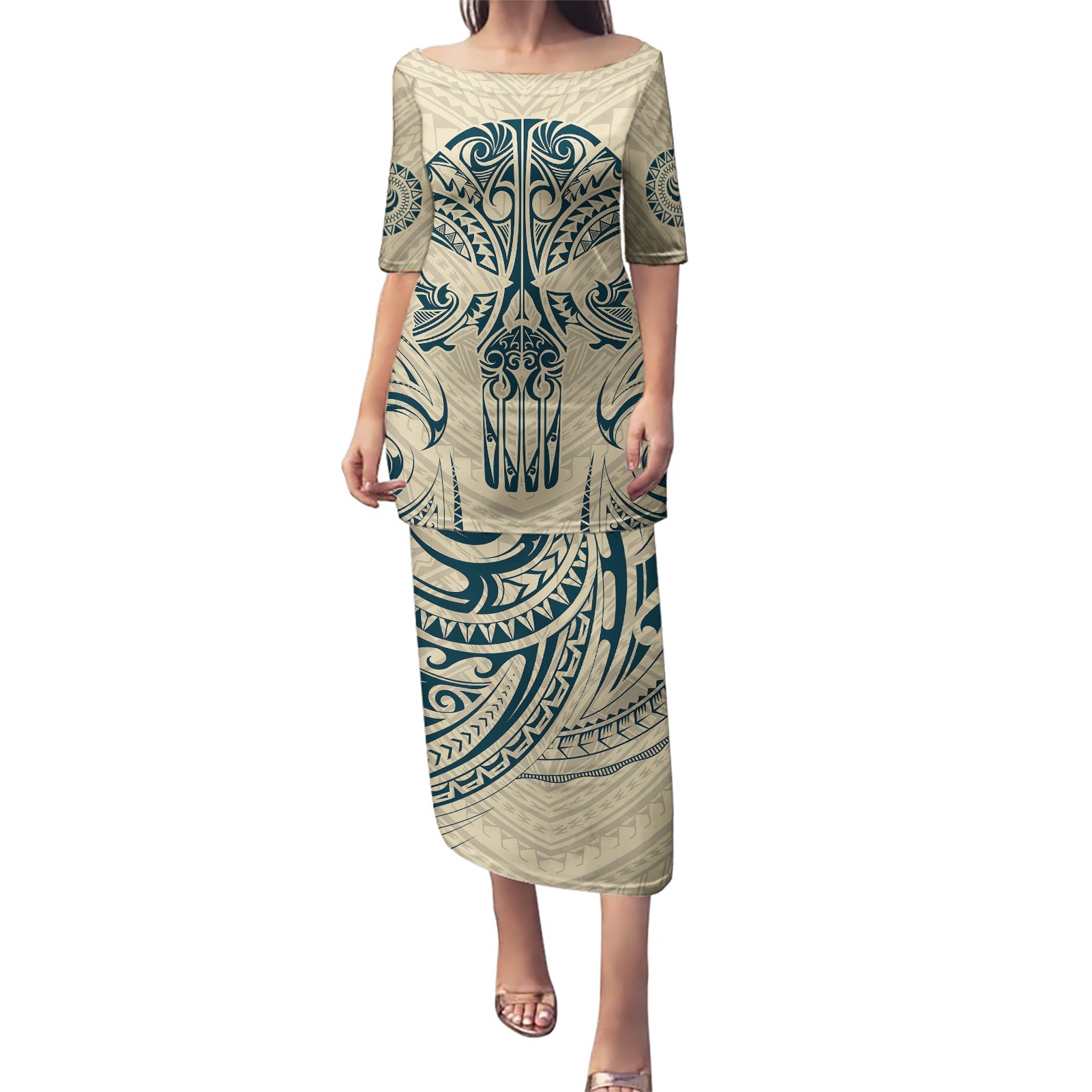 Polynesian Puletasi Warrior Skull with Tribal Patterns Tattoo Design TS04 Long Dress Yellow - Polynesian Pride