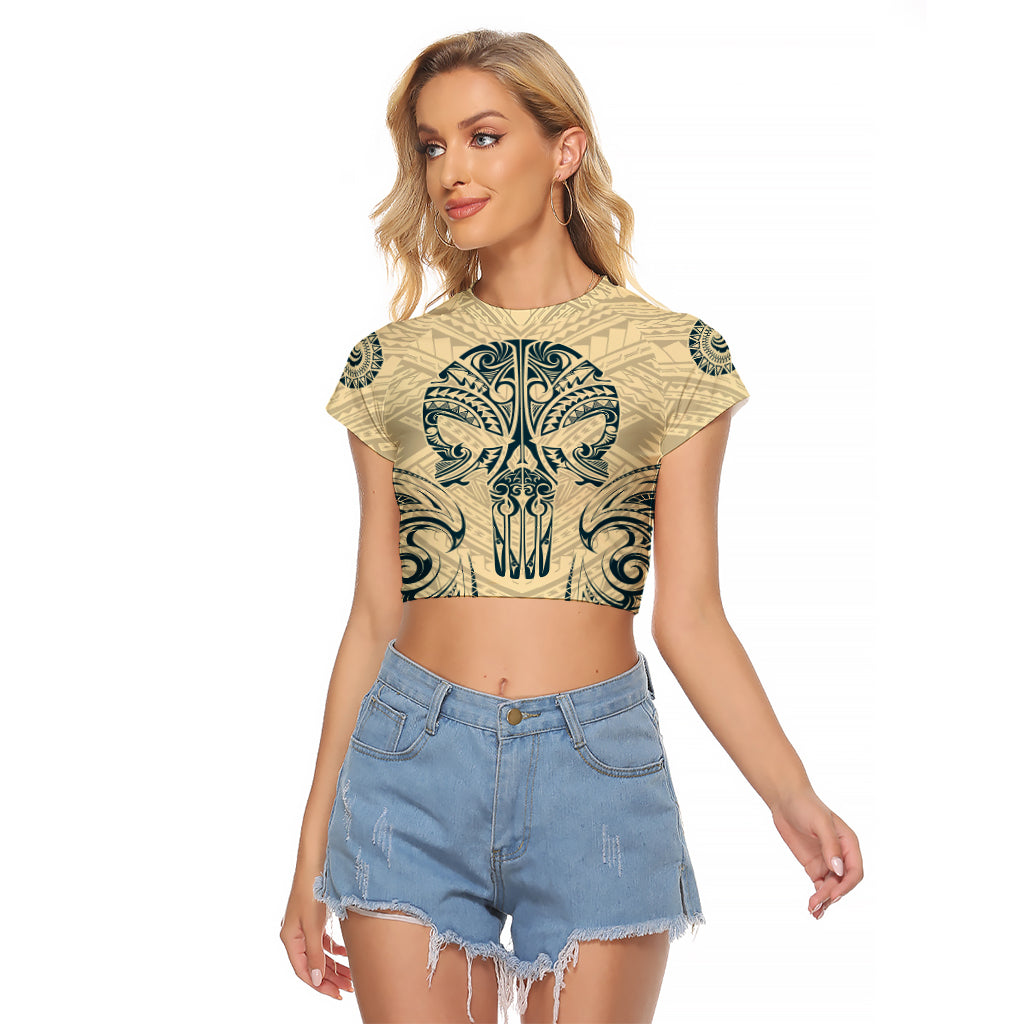 Polynesian Raglan Cropped T Shirt Warrior Skull with Tribal Patterns Tattoo Design TS04 Female Yellow - Polynesian Pride