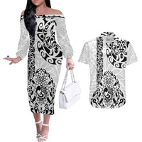 Hawaii Couples Matching Off The Shoulder Long Sleeve Dress and Hawaiian Shirt with Polynesian Turtle TS04 Black White - Polynesian Pride