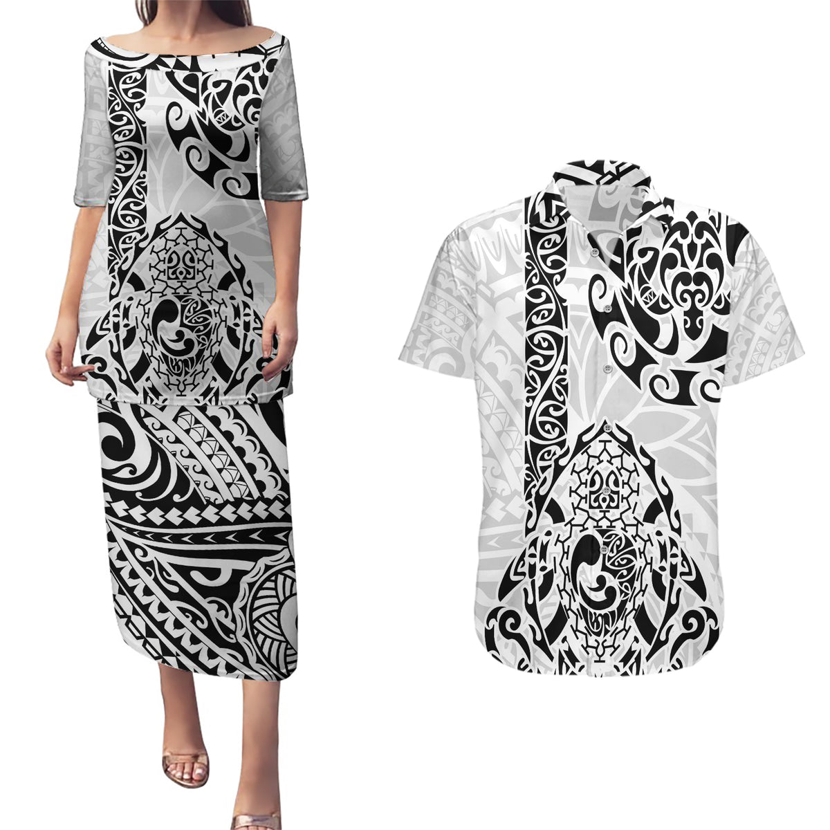 Hawaii Couples Matching Puletasi Dress and Hawaiian Shirt with Polynesian Turtle TS04 Black White - Polynesian Pride