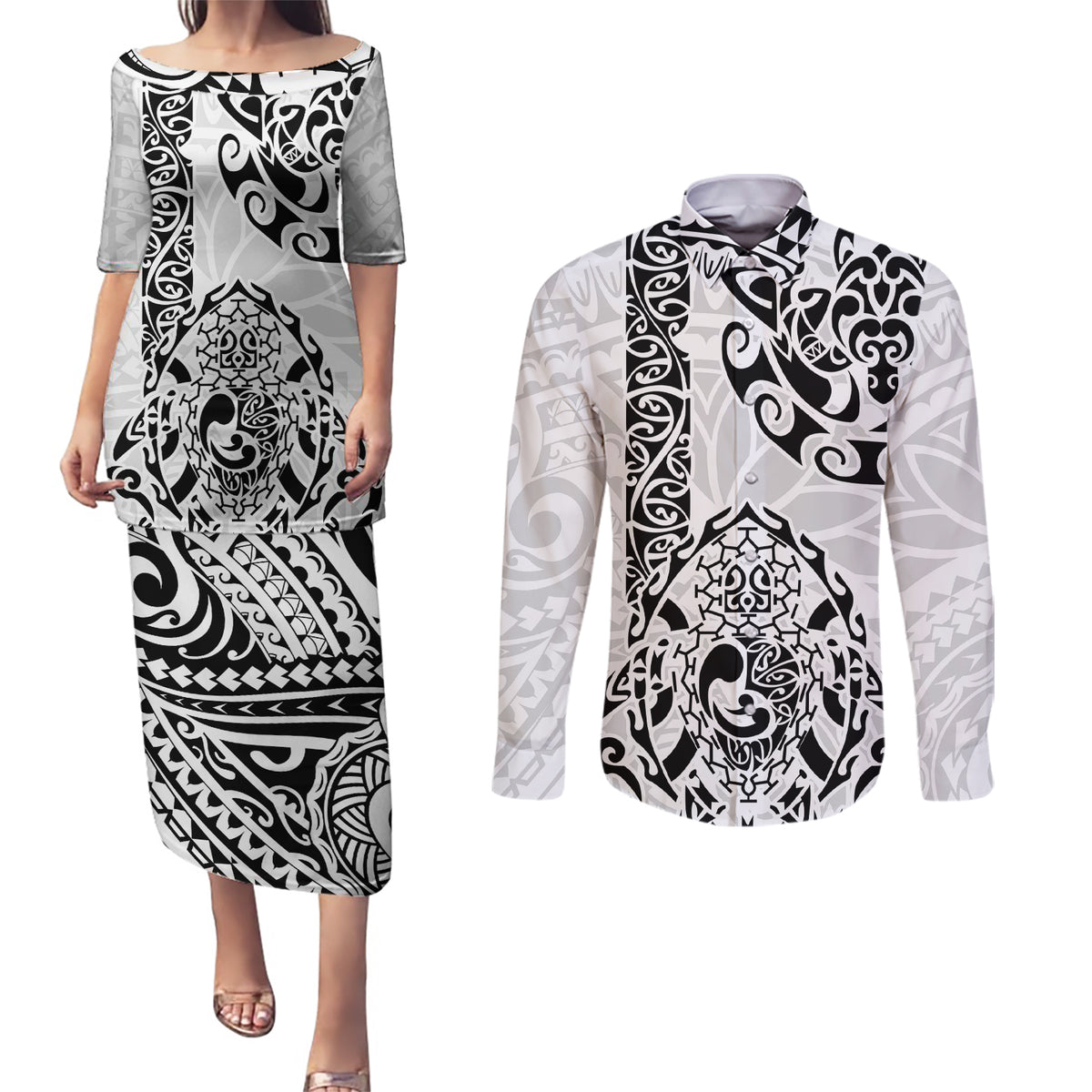 Hawaii Couples Matching Puletasi Dress and Long Sleeve Button Shirts with Polynesian Turtle TS04 Black White - Polynesian Pride