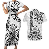 Hawaii Couples Matching Short Sleeve Bodycon Dress and Hawaiian Shirt with Polynesian Turtle TS04 Black White - Polynesian Pride