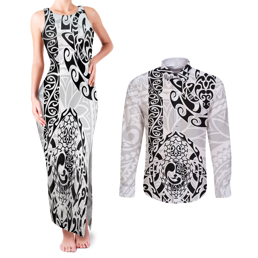 Hawaii Couples Matching Tank Maxi Dress and Long Sleeve Button Shirts with Polynesian Turtle TS04 Black White - Polynesian Pride