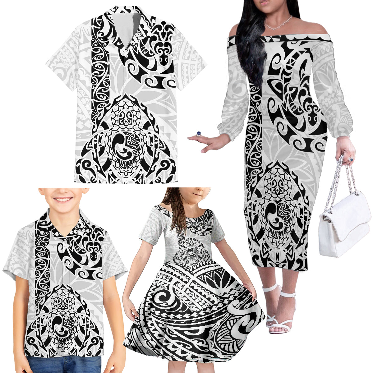 Hawaii Family Matching Off Shoulder Long Sleeve Dress and Hawaiian Shirt with Polynesian Turtle TS04 - Polynesian Pride