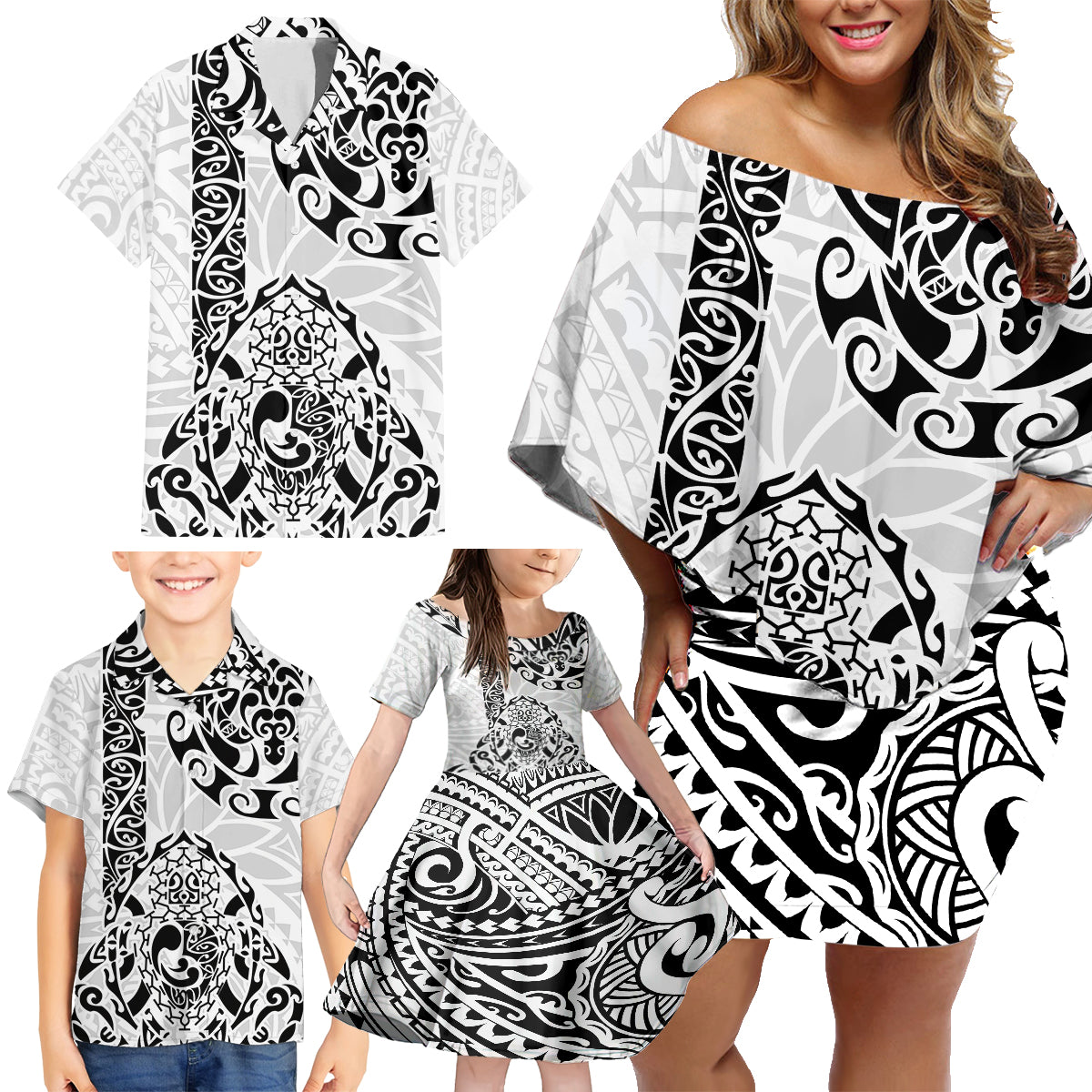 Hawaii Family Matching Off Shoulder Short Dress and Hawaiian Shirt with Polynesian Turtle TS04 - Polynesian Pride