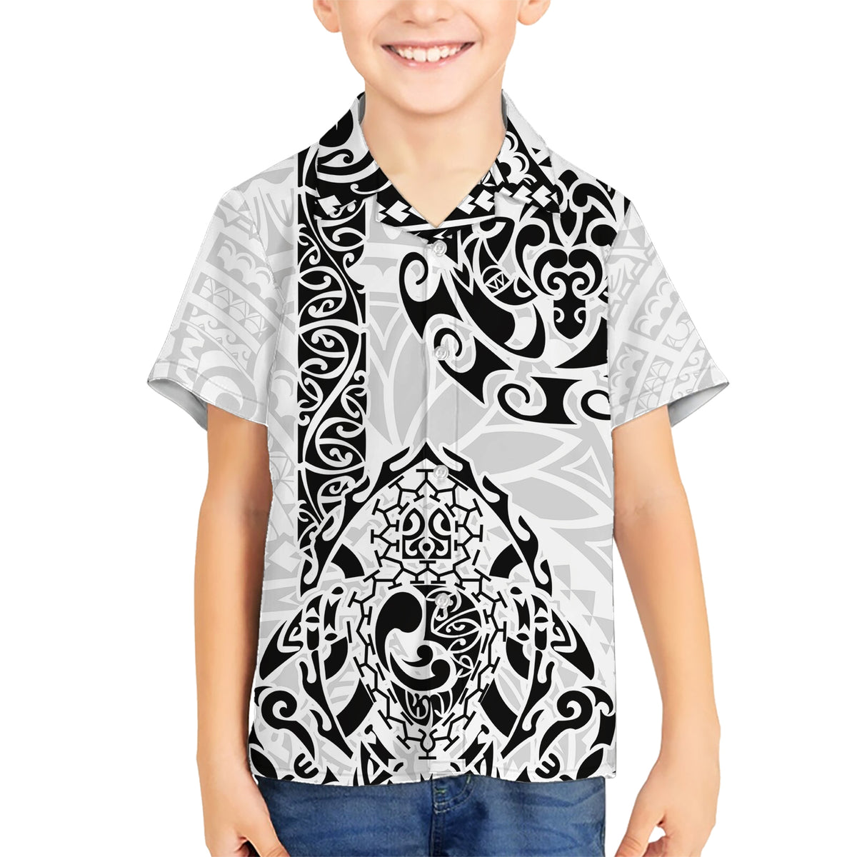 Hawaii Kid Hawaiian Shirt with Polynesian Turtle TS04 Kid Black White - Polynesian Pride