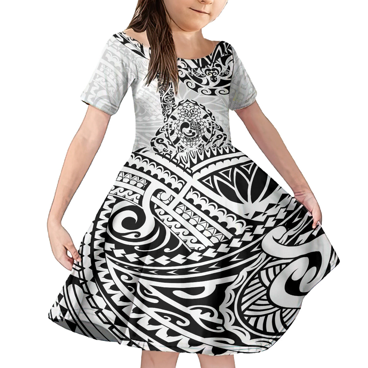 Hawaii Kid Short Sleeve Dress with Polynesian Turtle TS04 KID Black White - Polynesian Pride