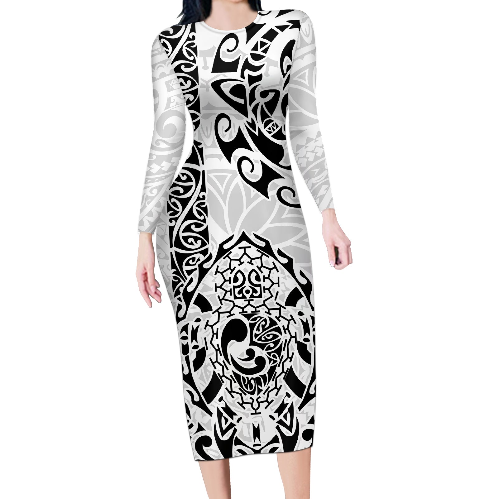 Hawaii Long Sleeve Bodycon Dress with Polynesian Turtle TS04 Long Dress Black/White - Polynesian Pride