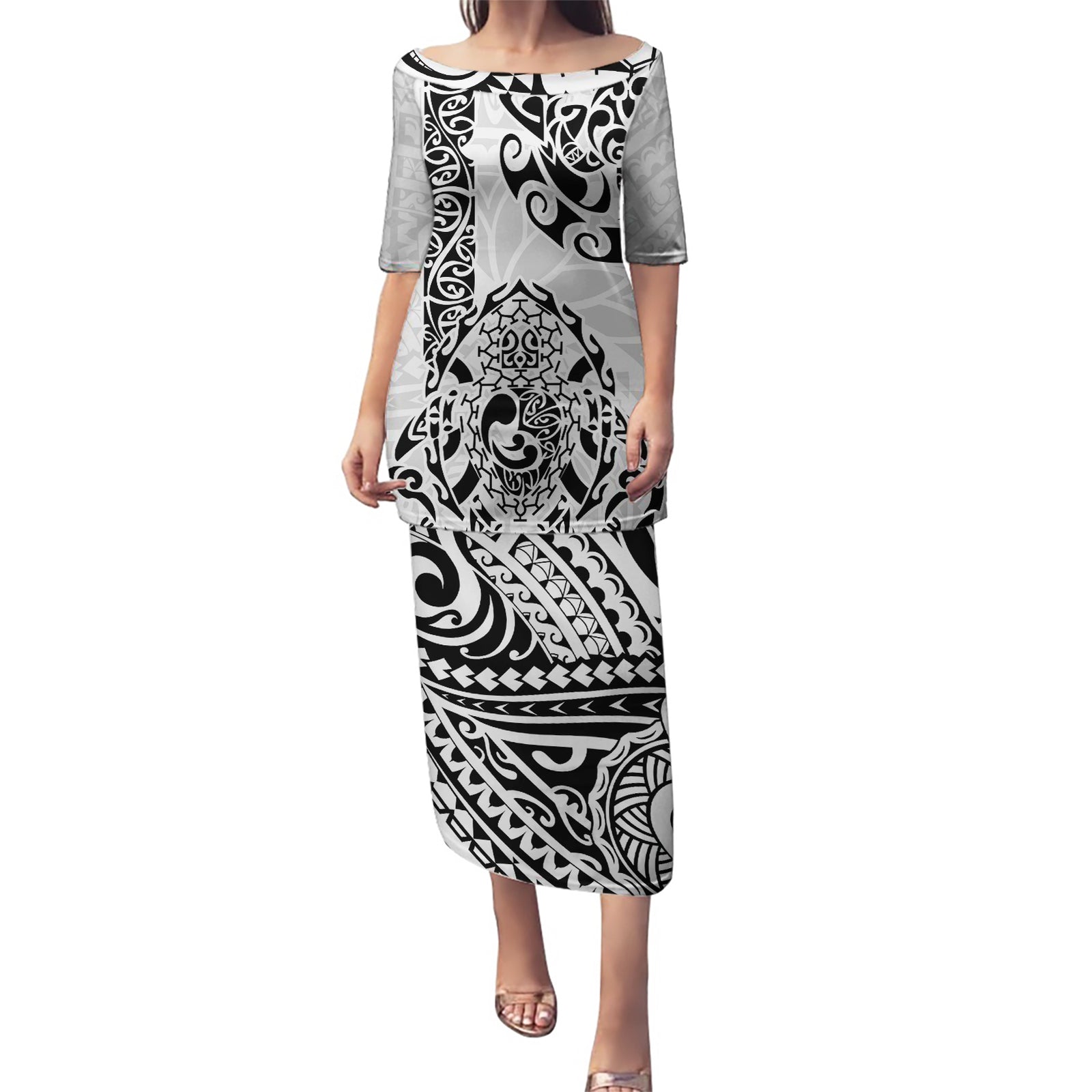 Hawaii Puletasi with Polynesian Turtle TS04 Long Dress Black White - Polynesian Pride