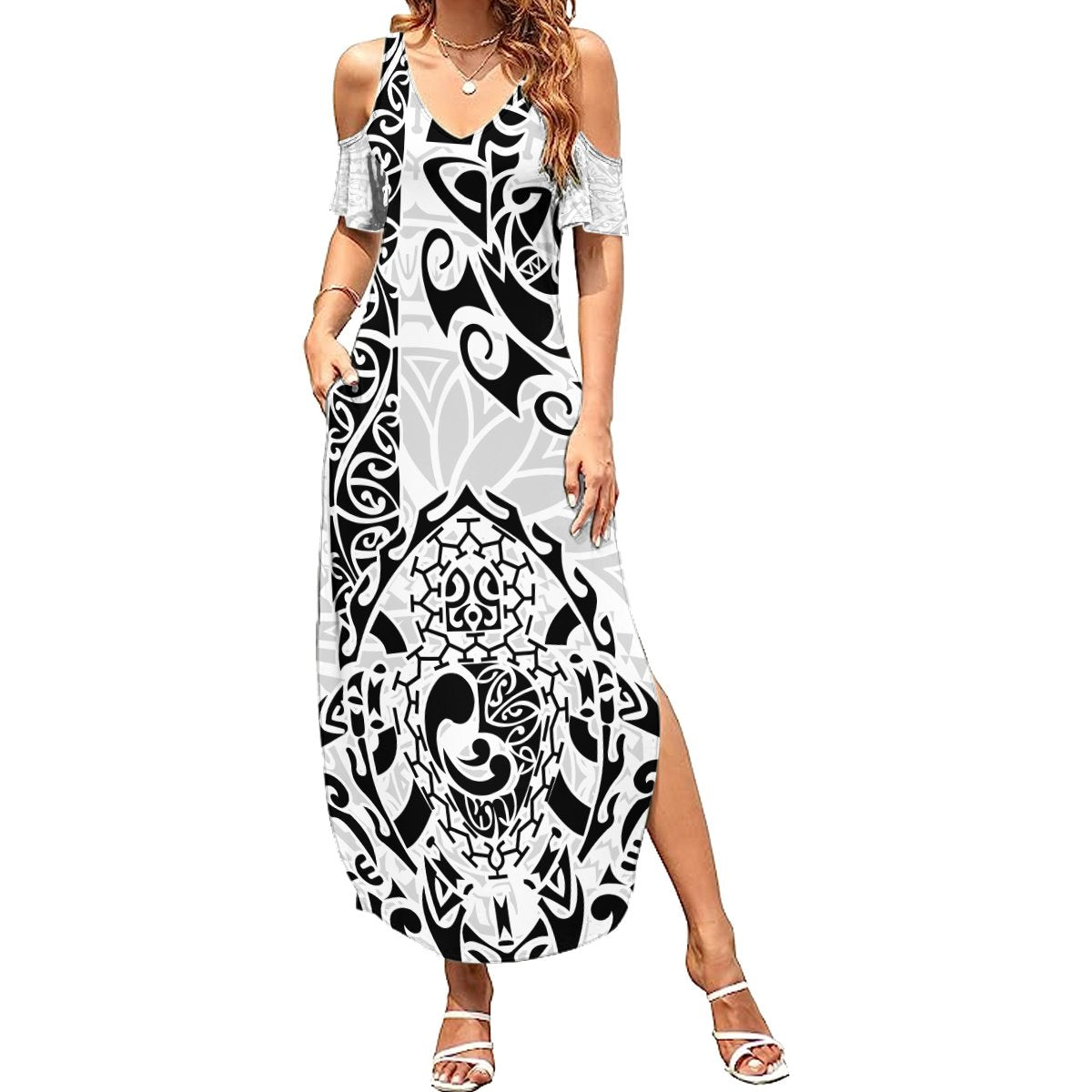 Hawaii Summer Maxi Dress with Polynesian Turtle TS04 Women Black White - Polynesian Pride