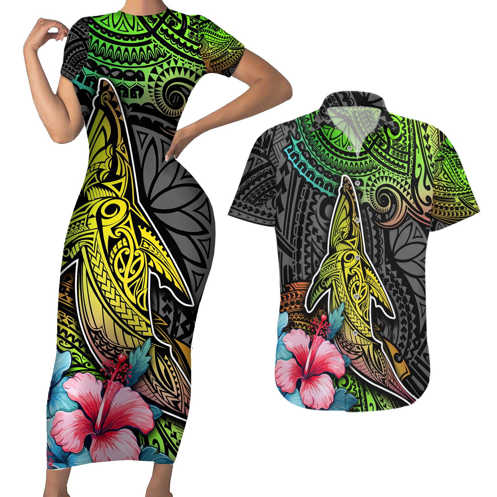 Polynesian Couples Matching Short Sleeve Bodycon Dress and Hawaiian Shirt Whales and Compass Gradient Pattern TS04 Gradient - Polynesian Pride