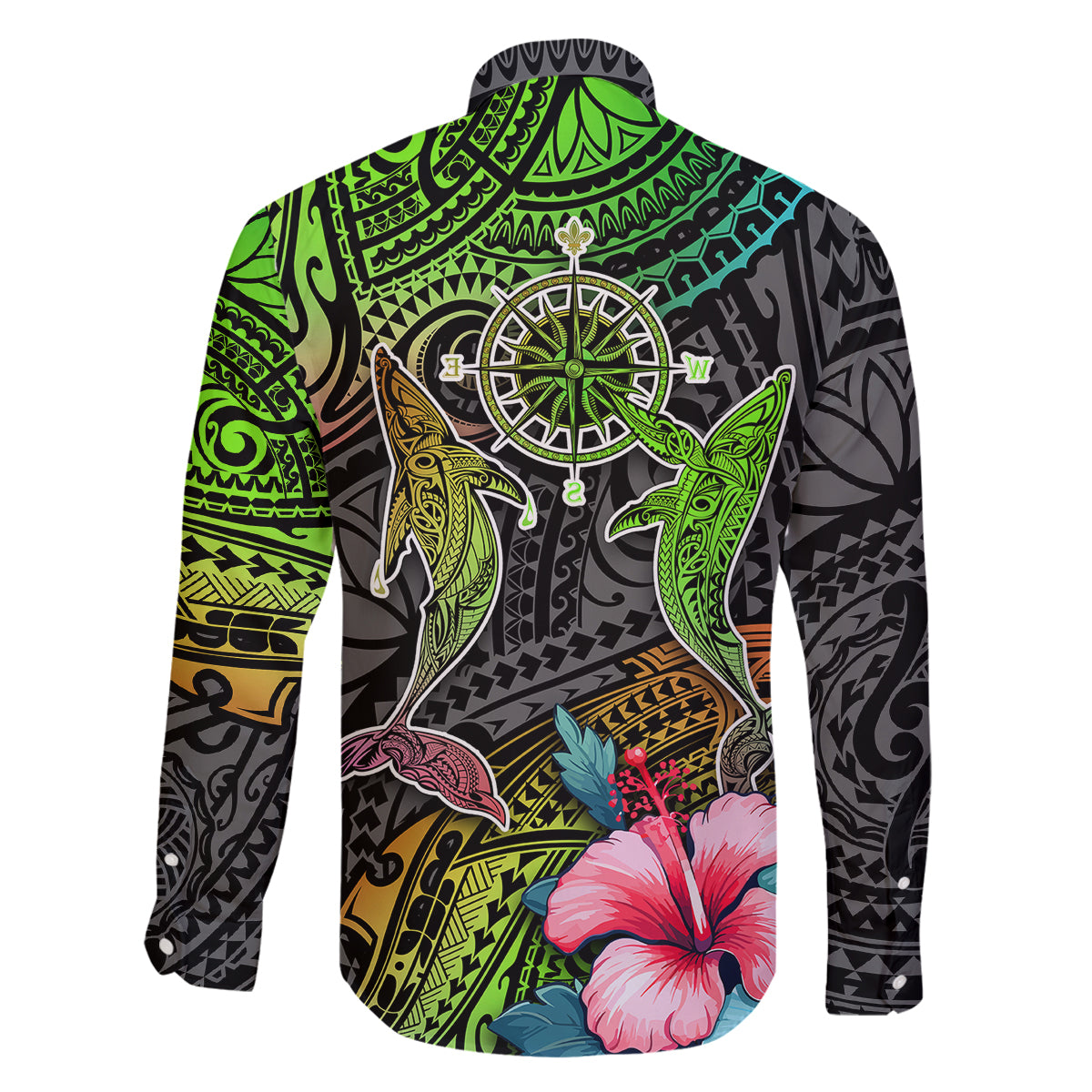 Polynesian Family Matching Long Sleeve Bodycon Dress and Hawaiian Shirt Whales and Compass Gradient Pattern TS04 - Polynesian Pride