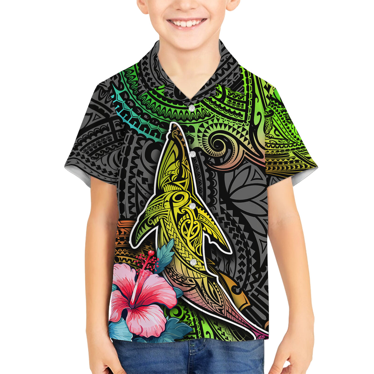 Polynesian Family Matching Off Shoulder Short Dress and Hawaiian Shirt Whales and Compass Gradient Pattern TS04 Son's Shirt Gradient - Polynesian Pride