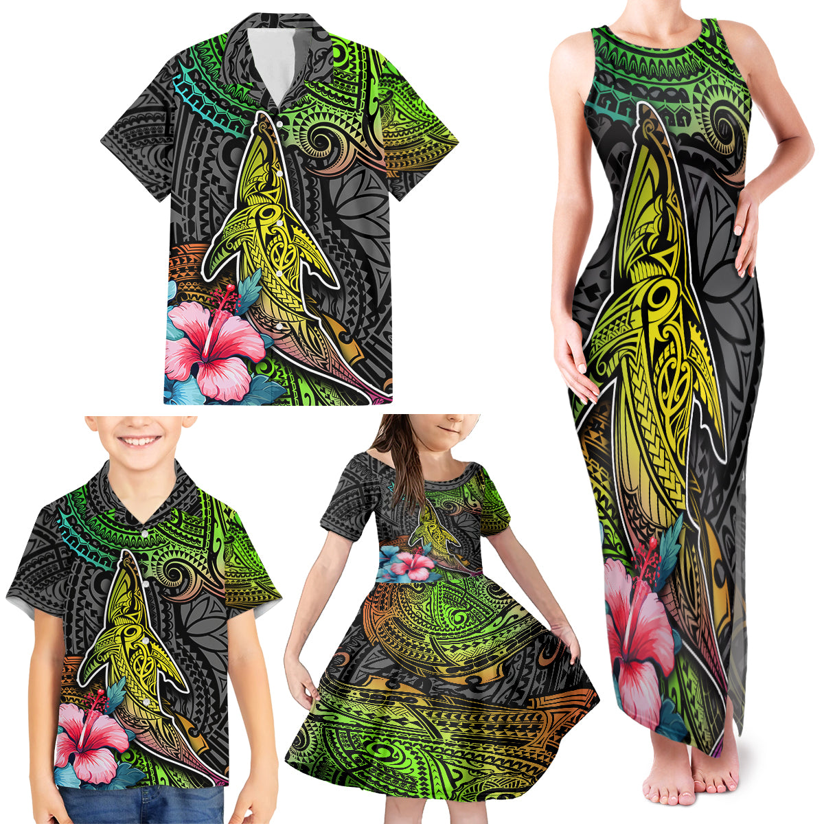 Polynesian Family Matching Tank Maxi Dress and Hawaiian Shirt Whales and Compass Gradient Pattern TS04 - Polynesian Pride