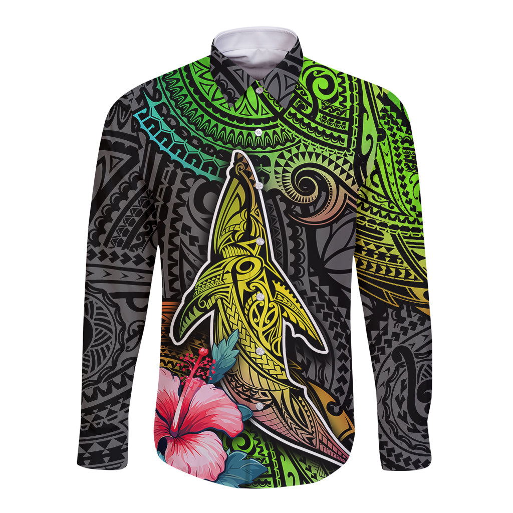Polynesian Long Sleeve Button Shirt Whales and Compass Gradient Pattern TS04 Unisex Gradient - Polynesian Pride