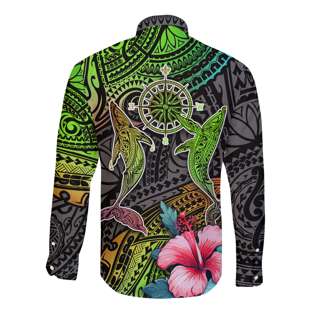 Polynesian Long Sleeve Button Shirt Whales and Compass Gradient Pattern TS04 - Polynesian Pride