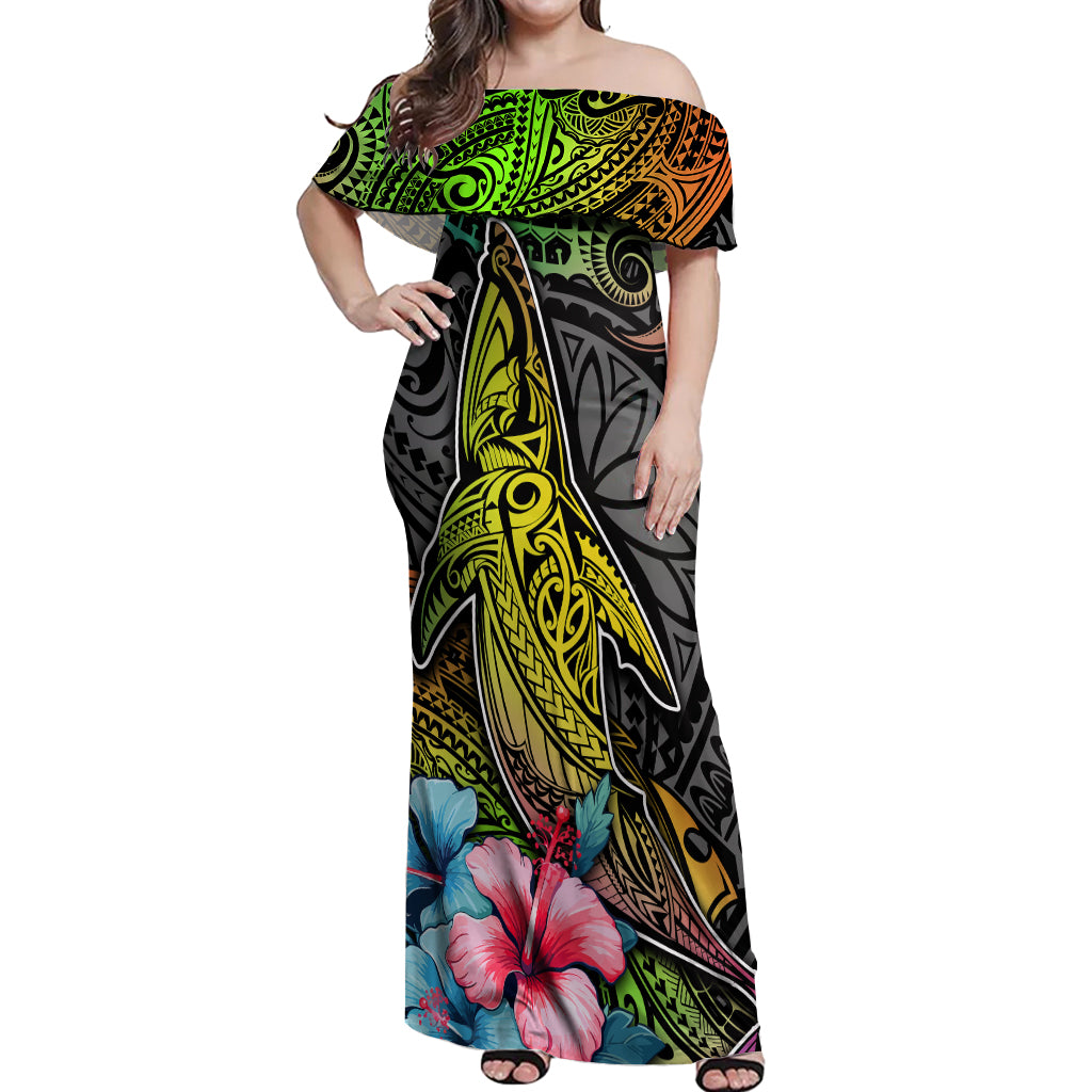 Polynesian Off Shoulder Maxi Dress Whales and Compass Gradient Pattern TS04 Women Gradient - Polynesian Pride