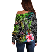 Polynesian Off Shoulder Sweater Whales and Compass Gradient Pattern TS04 - Polynesian Pride
