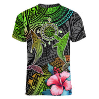 Polynesian Women V Neck T Shirt Whales and Compass Gradient Pattern TS04 - Polynesian Pride