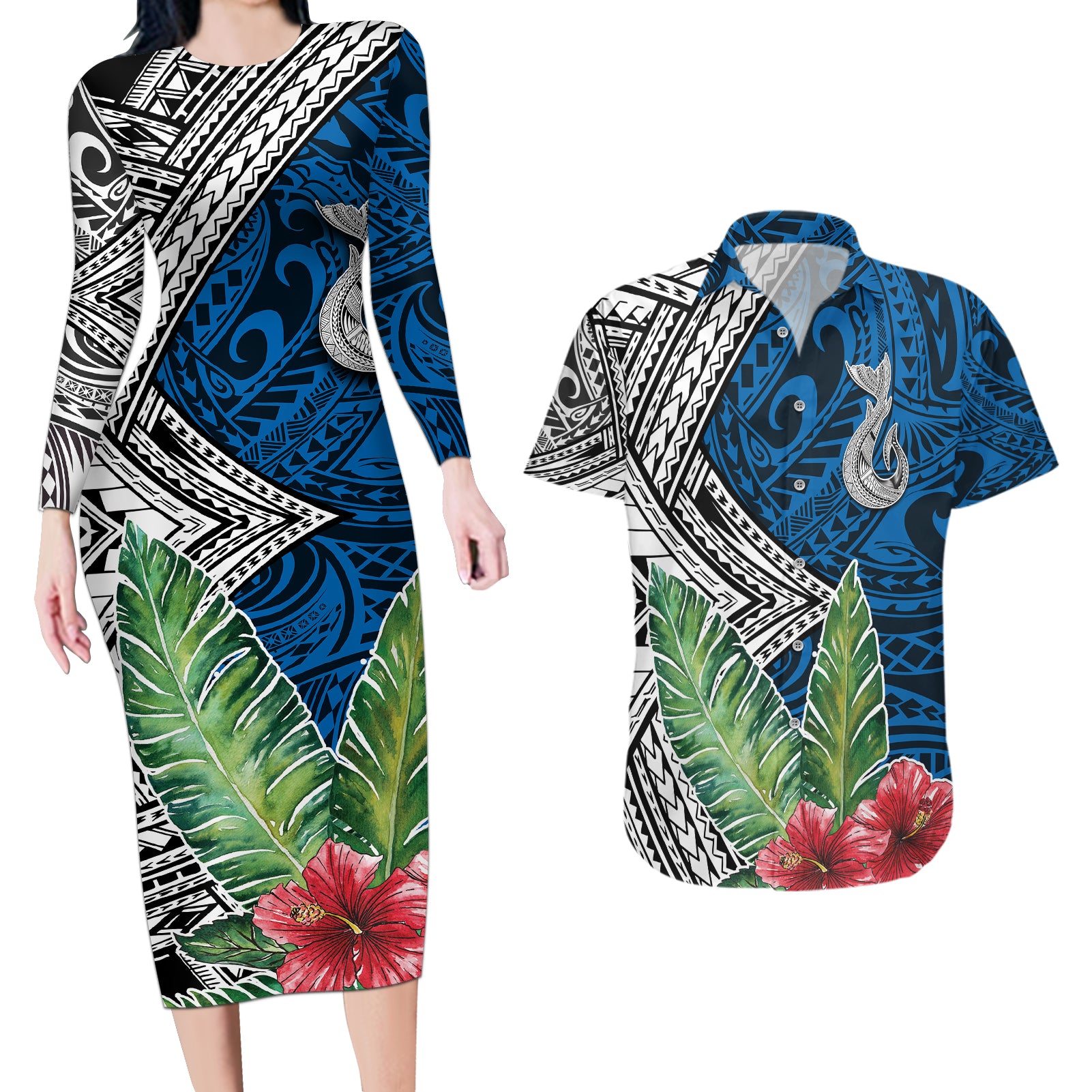 Polynesian Couples Matching Long Sleeve Bodycon Dress and Hawaiian Shirt Whale Pattern and Hibiscus Flowers TS04 Multicolor - Polynesian Pride