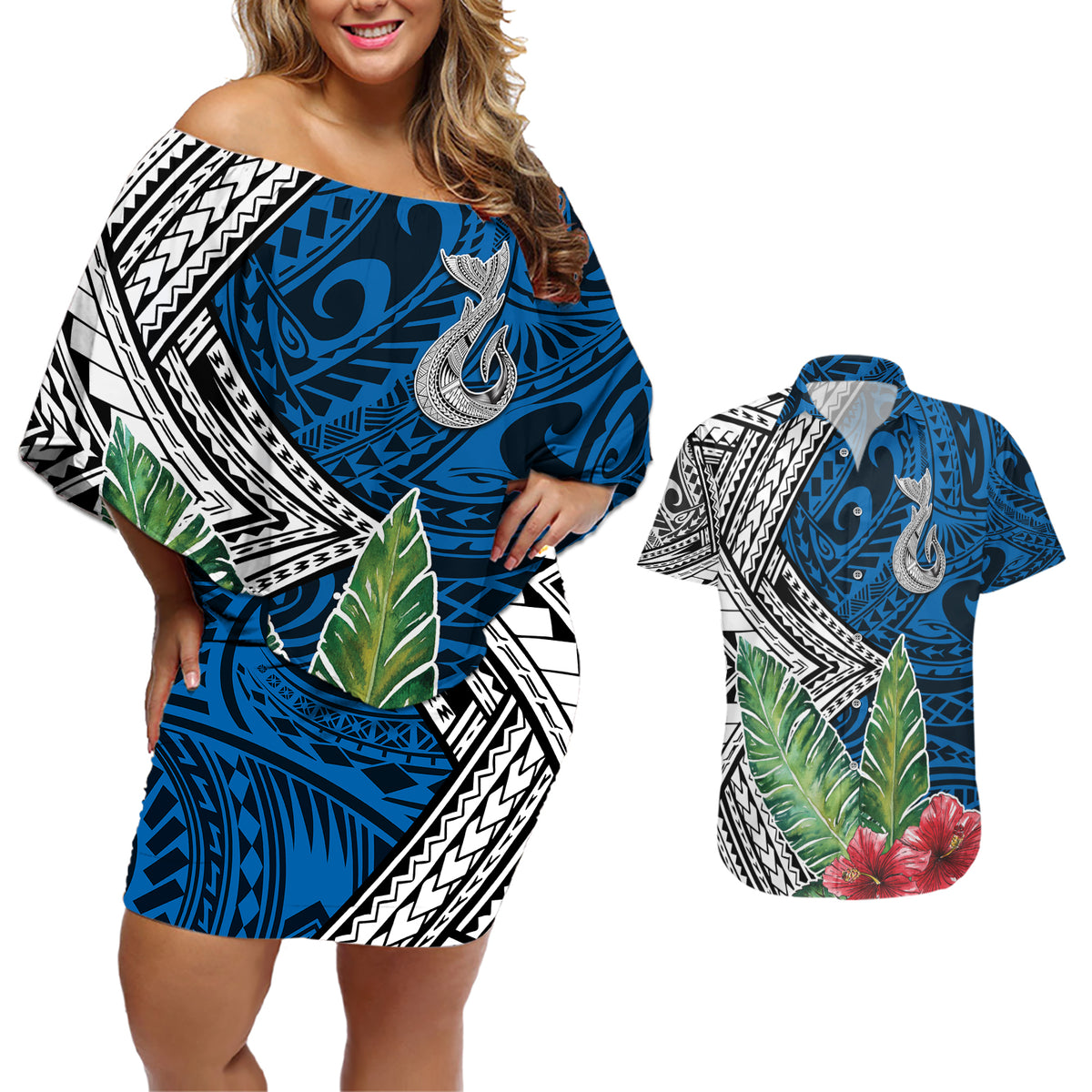 Polynesian Couples Matching Off Shoulder Short Dress and Hawaiian Shirt Whale Pattern and Hibiscus Flowers TS04 Multicolor - Polynesian Pride