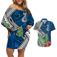Polynesian Couples Matching Off Shoulder Short Dress and Hawaiian Shirt Whale Pattern and Hibiscus Flowers TS04 Multicolor - Polynesian Pride