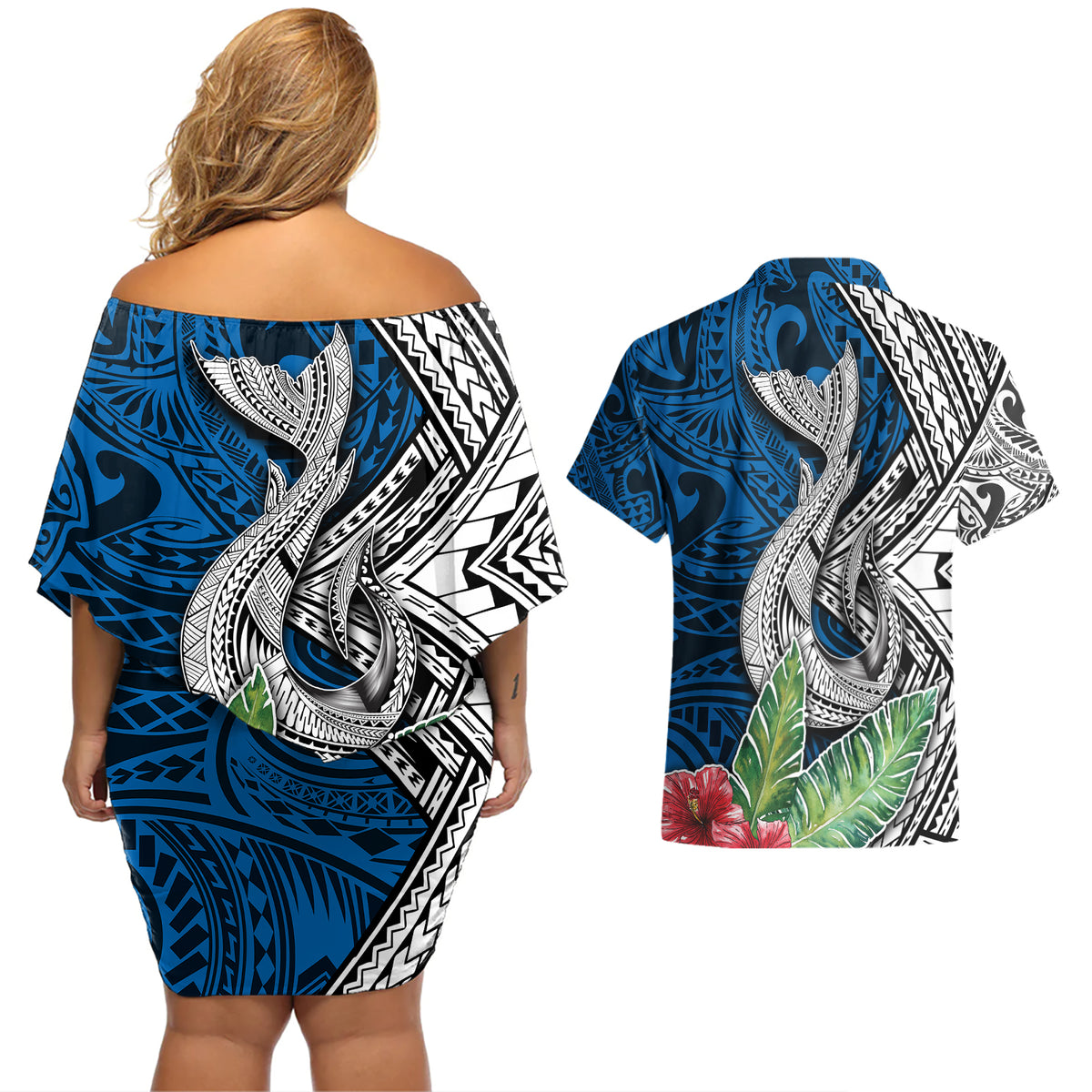 Polynesian Couples Matching Off Shoulder Short Dress and Hawaiian Shirt Whale Pattern and Hibiscus Flowers TS04 - Polynesian Pride