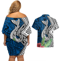 Polynesian Couples Matching Off Shoulder Short Dress and Hawaiian Shirt Whale Pattern and Hibiscus Flowers TS04 - Polynesian Pride