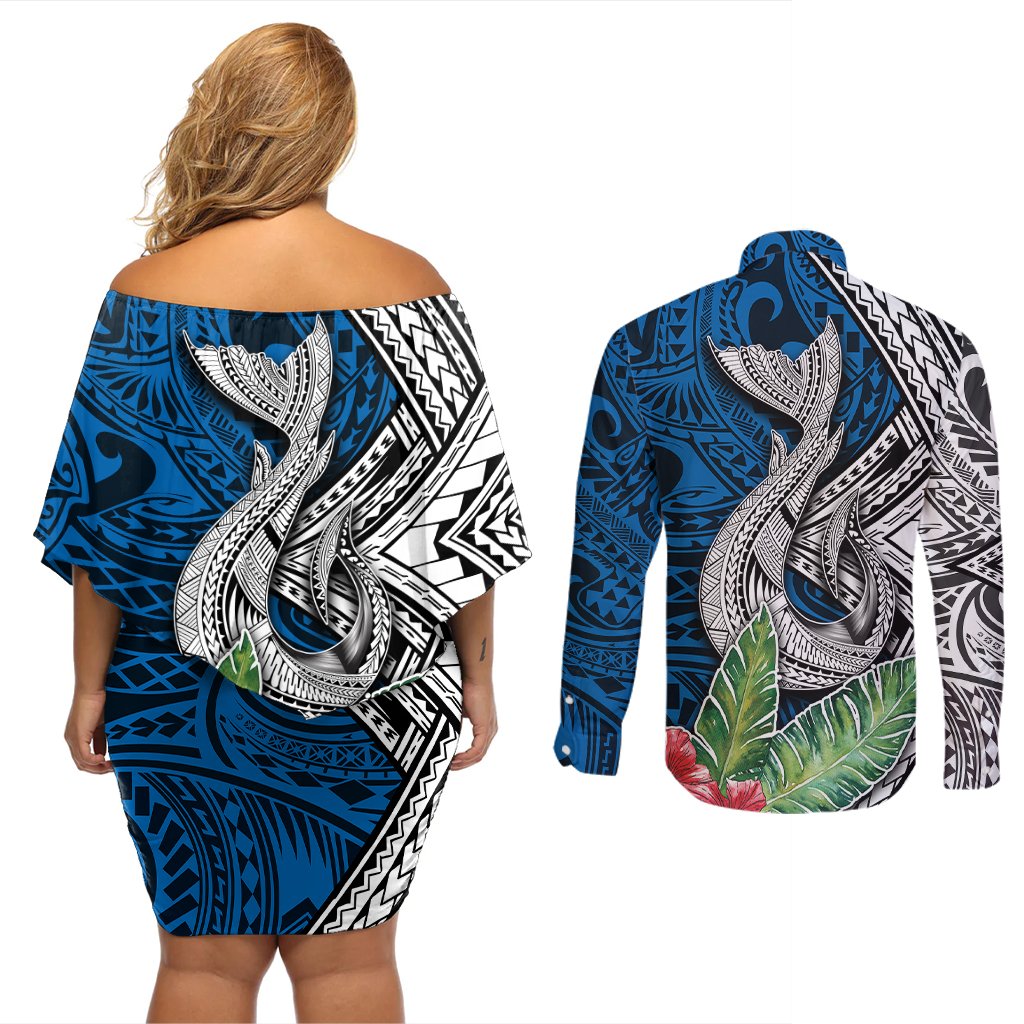 Polynesian Couples Matching Off Shoulder Short Dress and Long Sleeve Button Shirts Whale Pattern and Hibiscus Flowers TS04 - Polynesian Pride