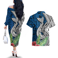 Polynesian Couples Matching Off The Shoulder Long Sleeve Dress and Hawaiian Shirt Whale Pattern and Hibiscus Flowers TS04 - Polynesian Pride