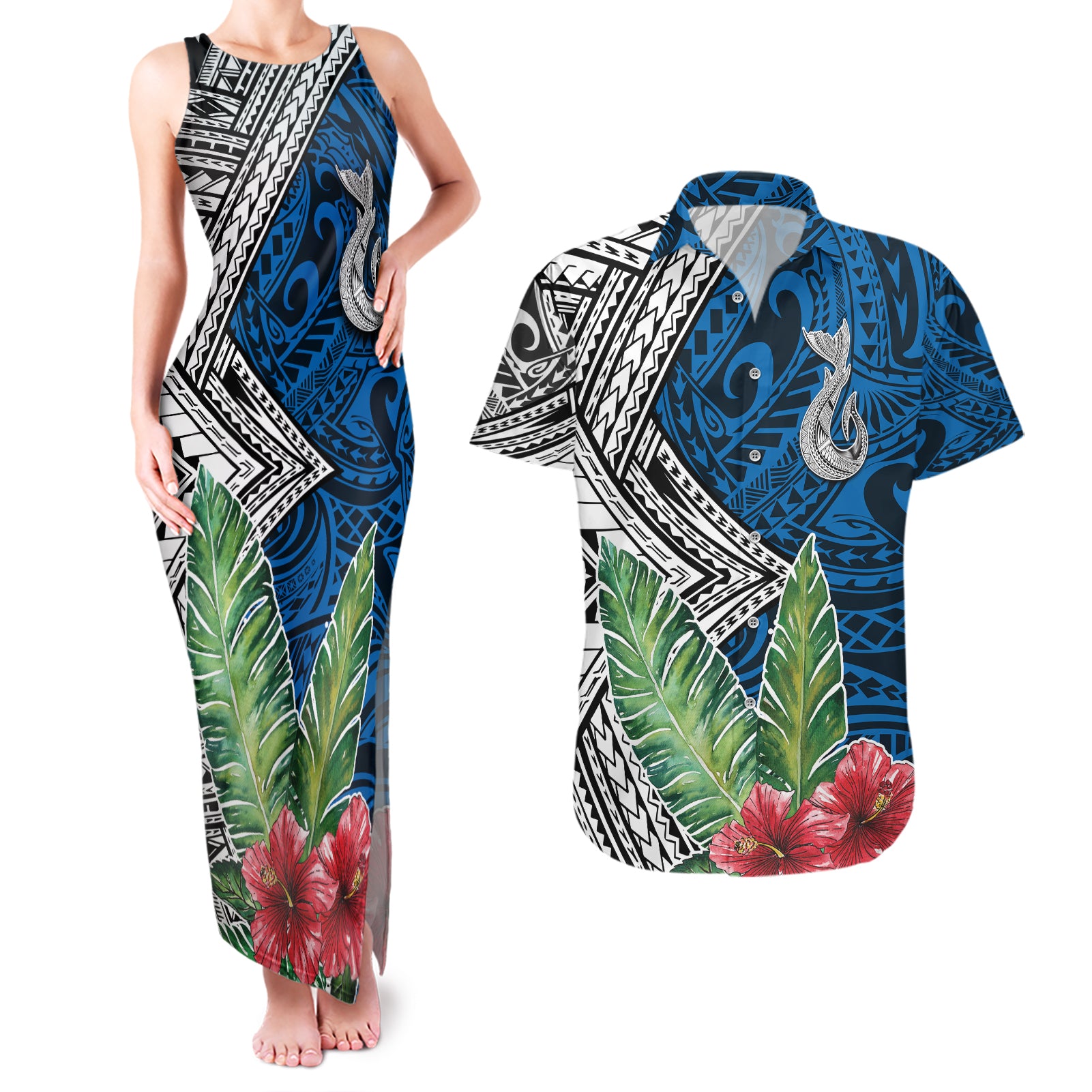 Polynesian Couples Matching Tank Maxi Dress and Hawaiian Shirt Whale Pattern and Hibiscus Flowers TS04 Multicolor - Polynesian Pride