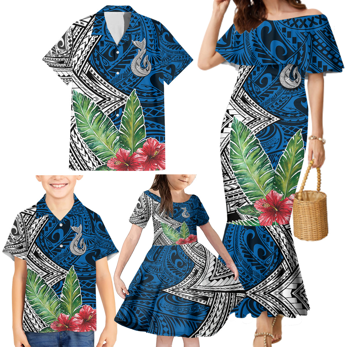 Polynesian Family Matching Mermaid Dress and Hawaiian Shirt Whale Pattern and Hibiscus Flowers TS04 - Polynesian Pride