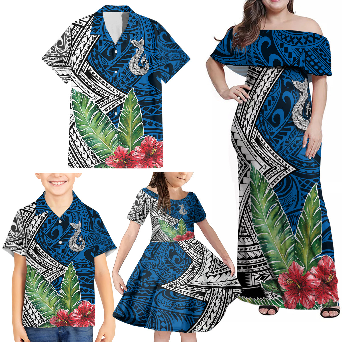 Polynesian Family Matching Off Shoulder Maxi Dress and Hawaiian Shirt Whale Pattern and Hibiscus Flowers TS04 - Polynesian Pride