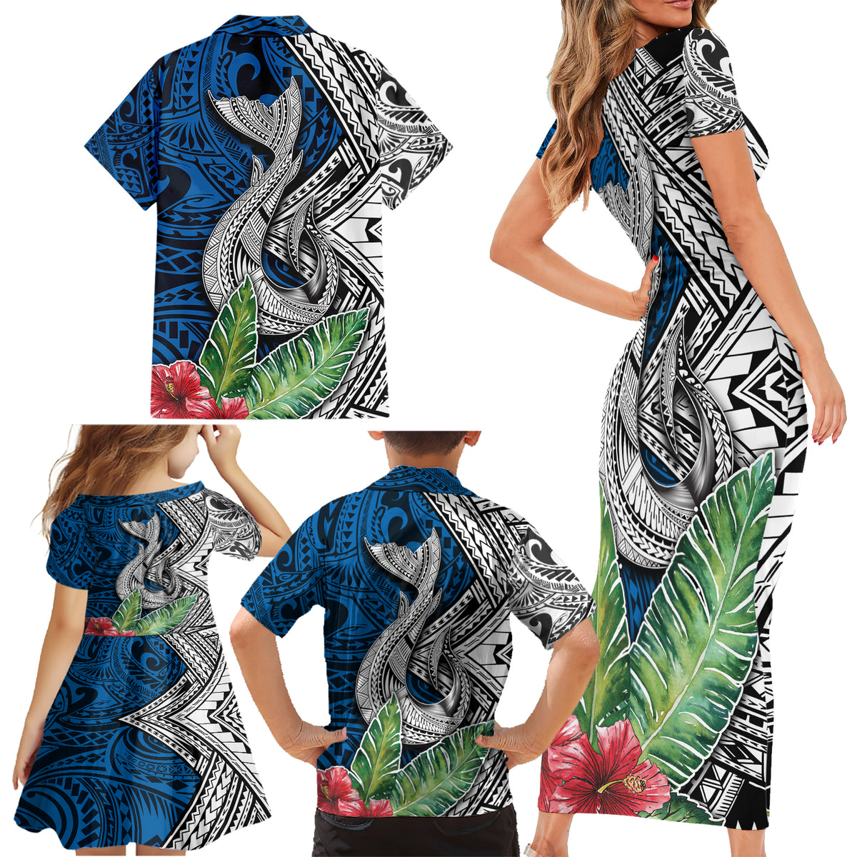 Polynesian Family Matching Short Sleeve Bodycon Dress and Hawaiian Shirt Whale Pattern and Hibiscus Flowers TS04 - Polynesian Pride