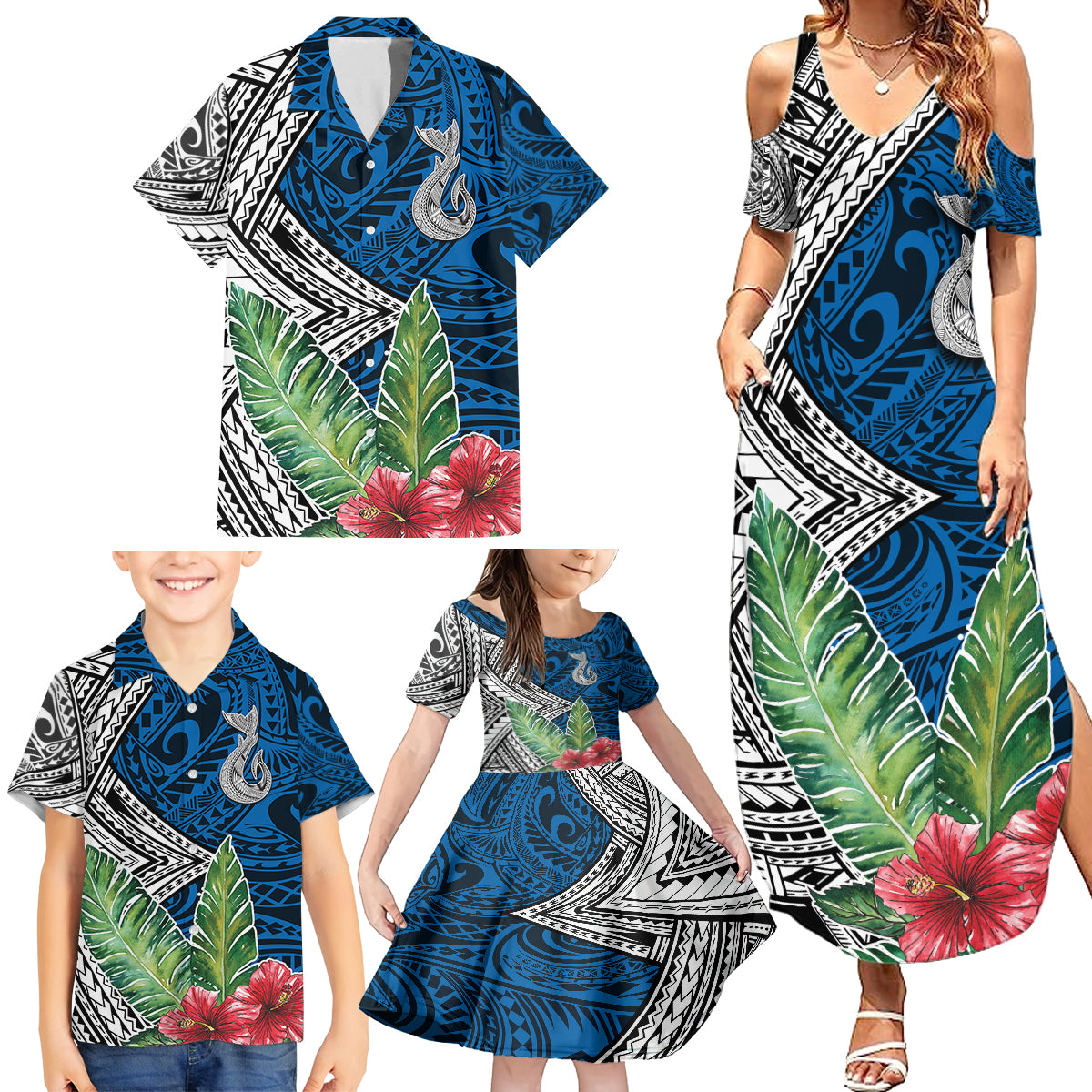 Polynesian Family Matching Summer Maxi Dress and Hawaiian Shirt Whale Pattern and Hibiscus Flowers TS04 - Polynesian Pride