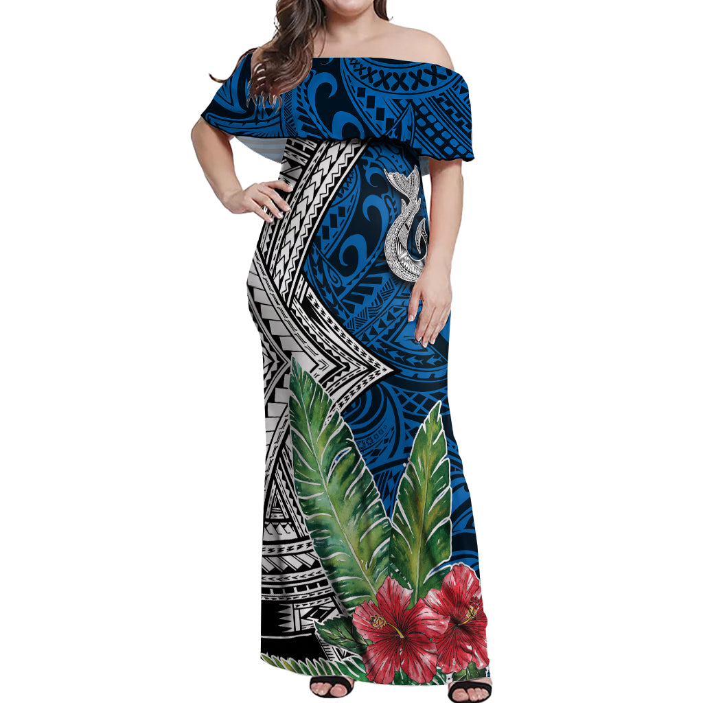 Polynesian Off Shoulder Maxi Dress Whale Pattern and Hibiscus Flowers TS04 Women Multicolor - Polynesian Pride