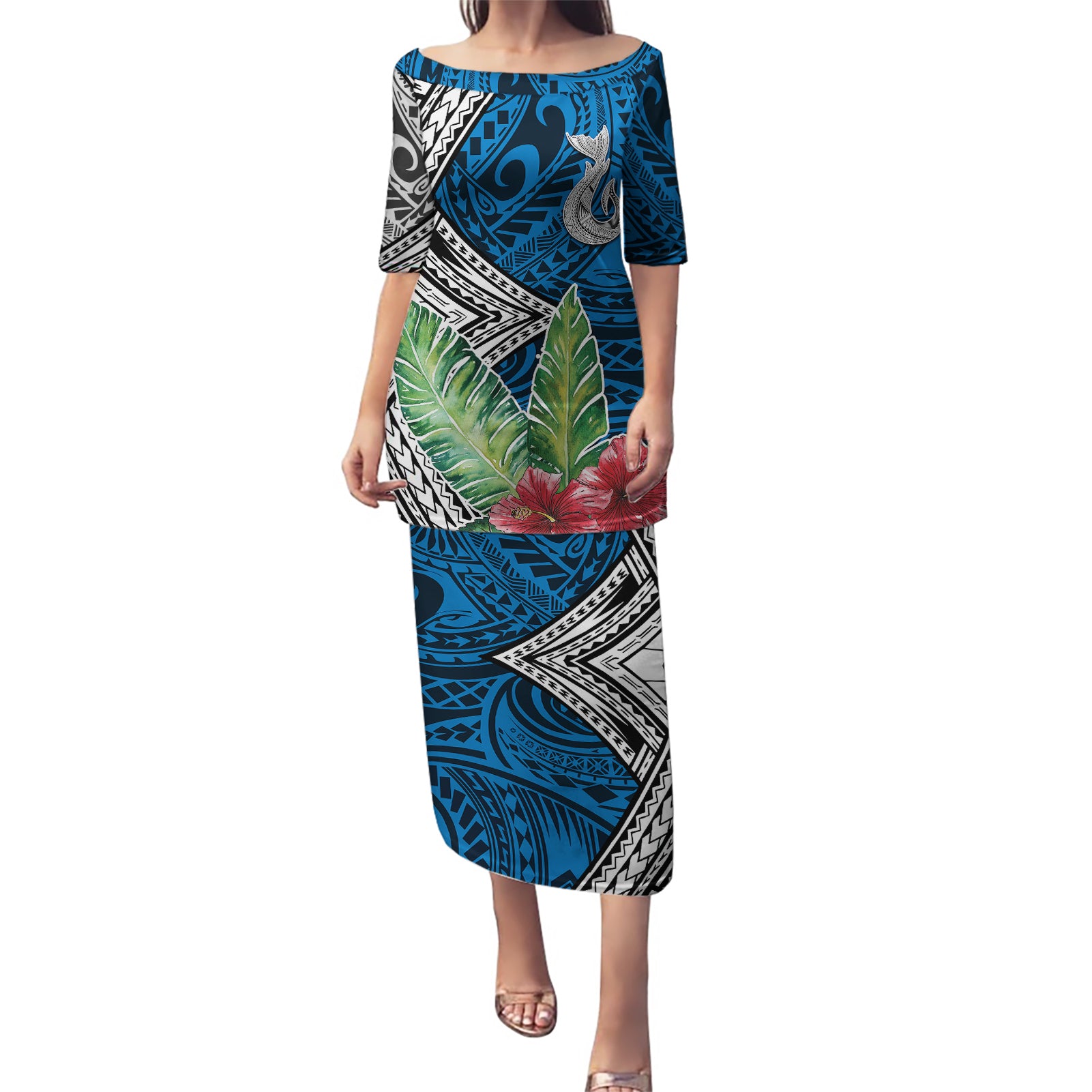 Polynesian Puletasi Whale Pattern and Hibiscus Flowers TS04 Long Dress Multicolor - Polynesian Pride