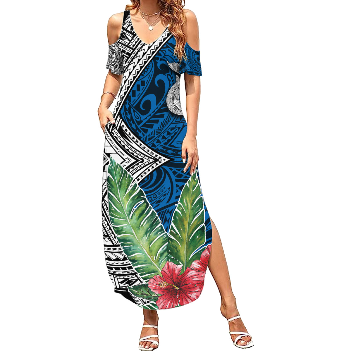 Polynesian Summer Maxi Dress Whale Pattern and Hibiscus Flowers TS04 Women Multicolor - Polynesian Pride